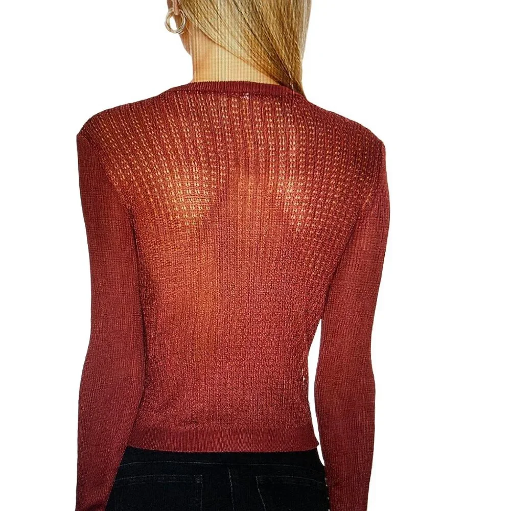 Free People H2O Sheer Knit Top Size Crewneck Pullover Long Sleeve Garnet Large - Picture 3 of 9